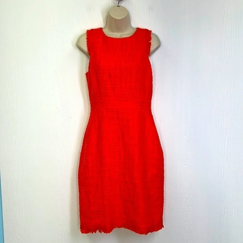 J Crew - Neon Persimmon Sheath Textured Tweed Midi Sleeveless Dress Size 4